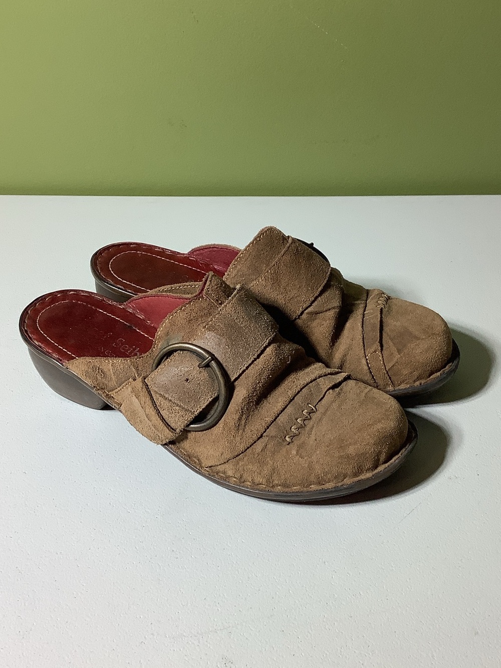 Josef Seibel tan distressed suede clogs, size 40